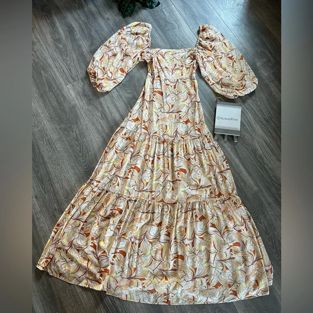 L*Space Bahia Balloon Sleeve Bohemian Cream & Orange Floral Tiered Maxi Dress XS